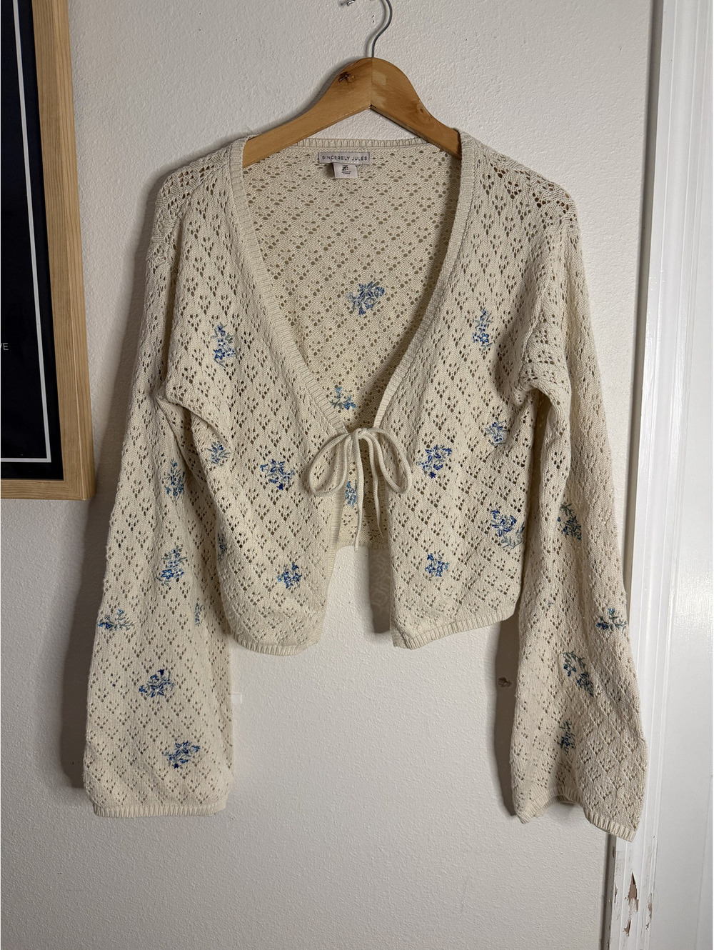 Sincerely Jules Floral Embroidered Pointelle Tie Front Cardigan Cream Size L
